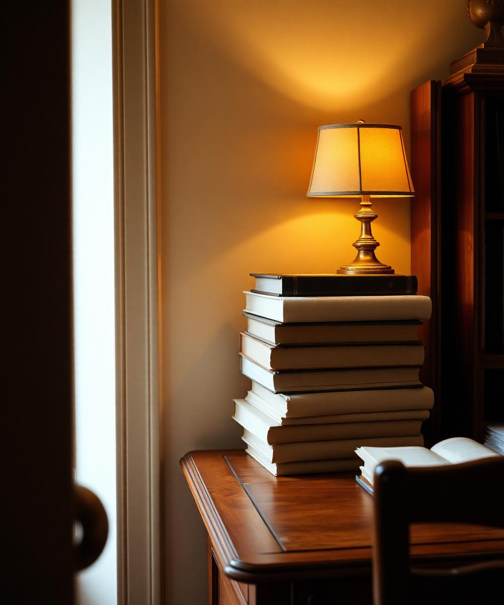 A quiet study interior with books and a brass lamp in warm light