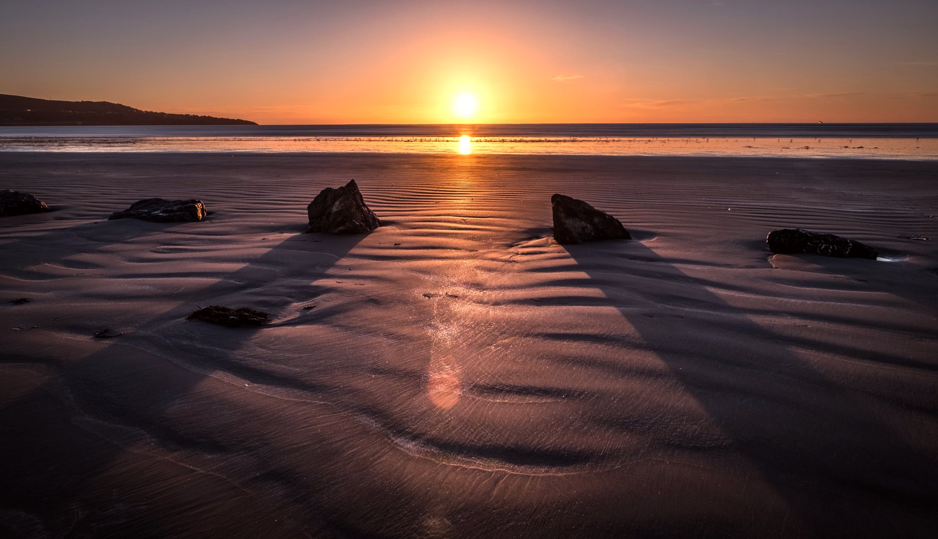 Golden sunrise light across the sand flats of Dublin Bay at Bull Island